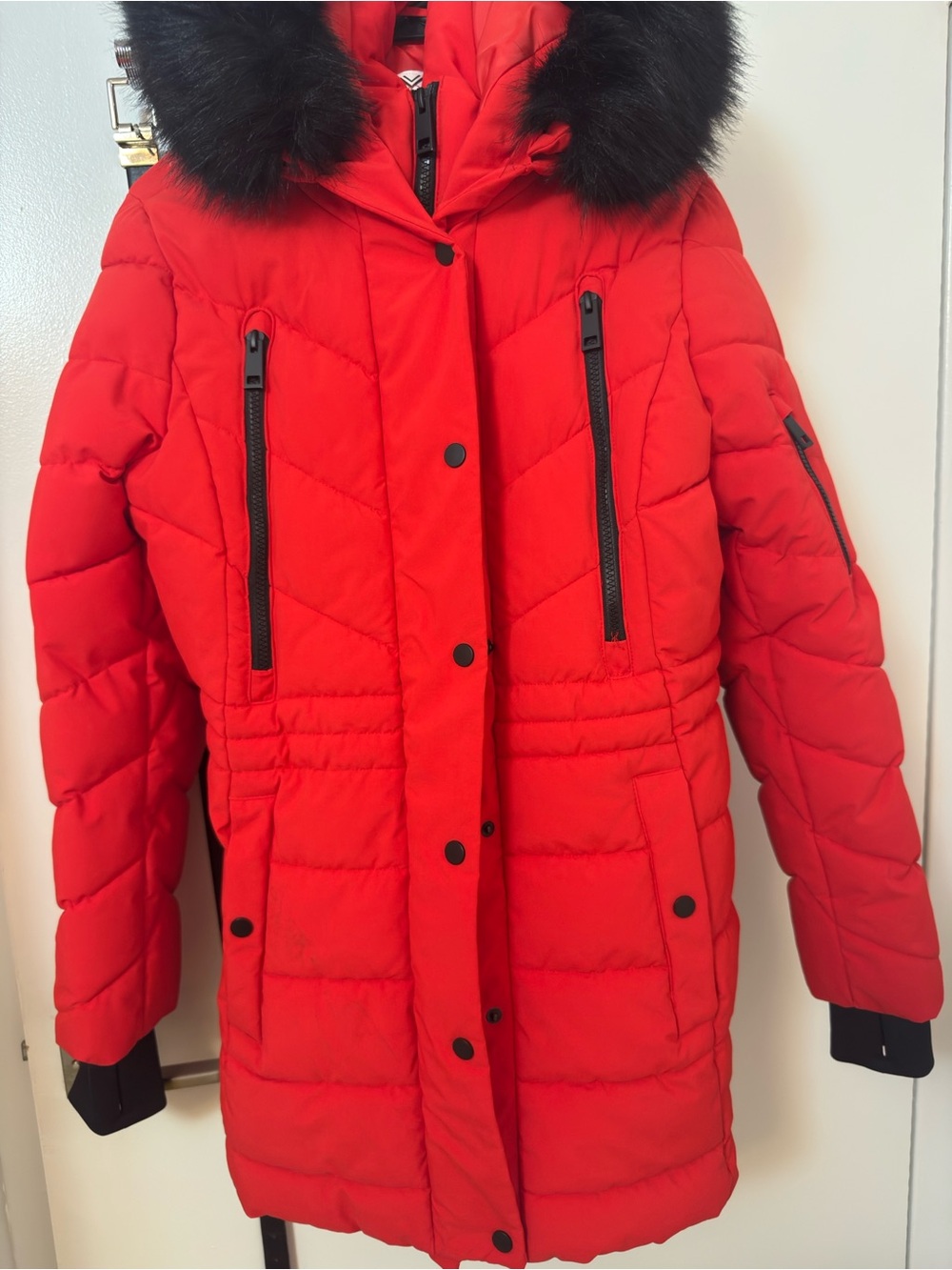 Xersion Red Quilted Puffer Coat with Faux Fur Trim